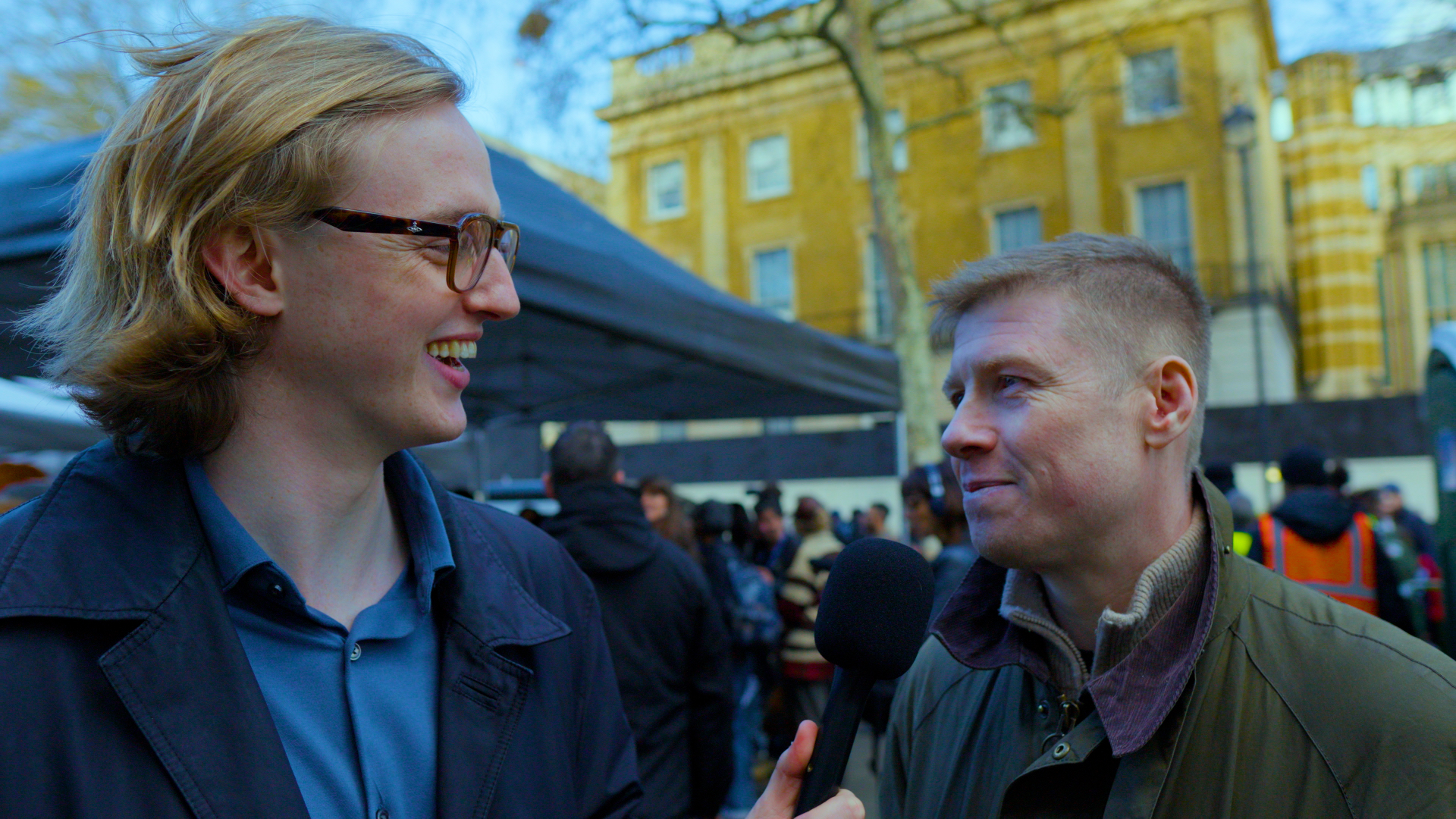 Hugo interviewing Eddie Dempsey on the street